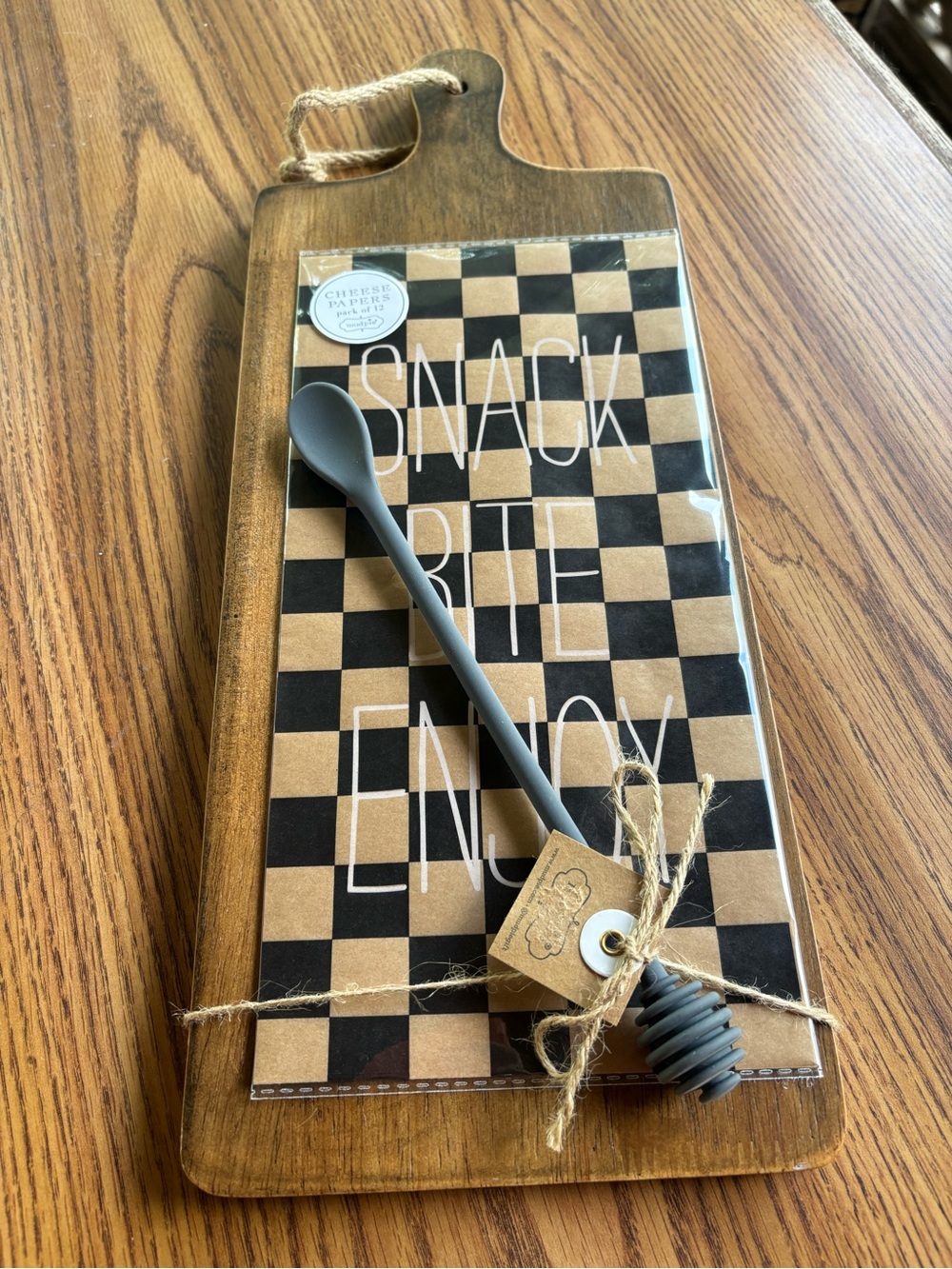 Mud Pie Wooden Charcuterie Board w/ 12 pc. Cheese Paper & Gray Honey Dipper